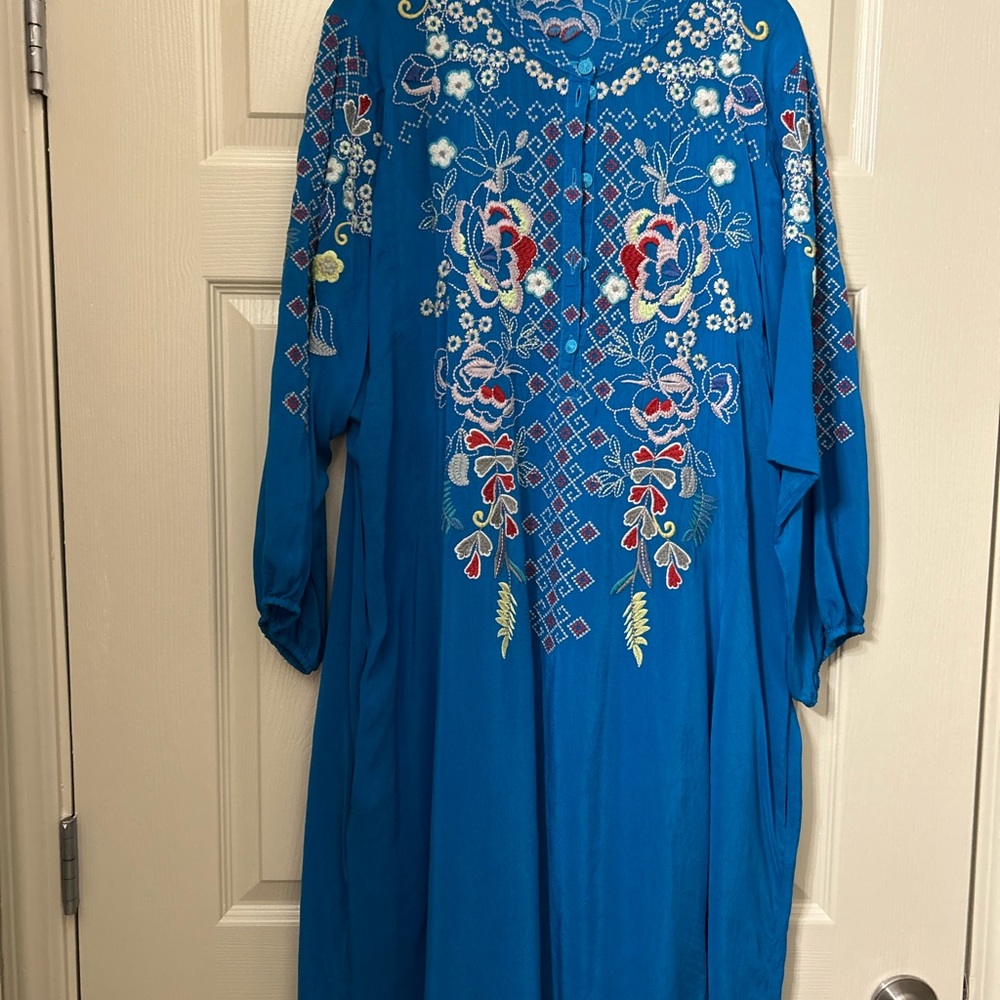 Johnny Was Turquoise Blue Embroidered Floral Tunic Dress - Picture 7 of 7